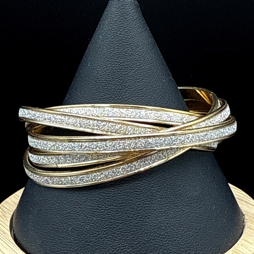 Bangle Bracelet 5 Linked Layers Size 7 Faux Druzy Inlay‎ Gold Tone Disco Style